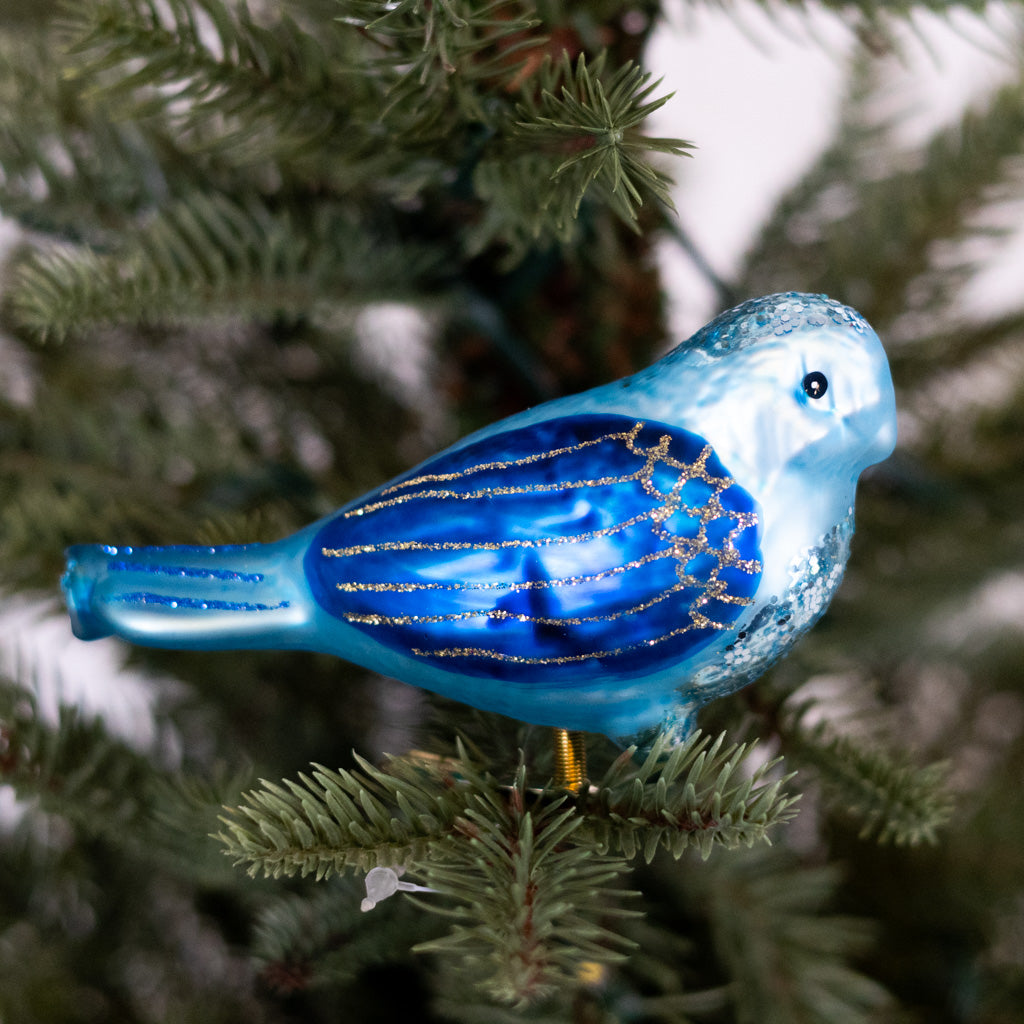 Glass Pale Blue Bird with Clip Ornament