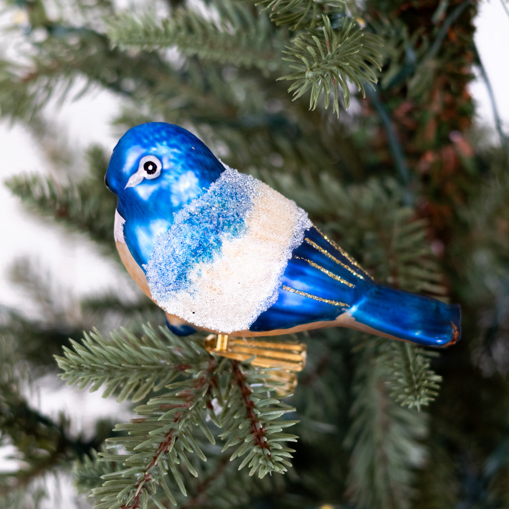 Glass Royal Blue Gold Bird with Clip Ornament