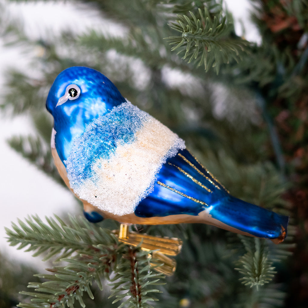 Glass Royal Blue Gold Bird with Clip Ornament
