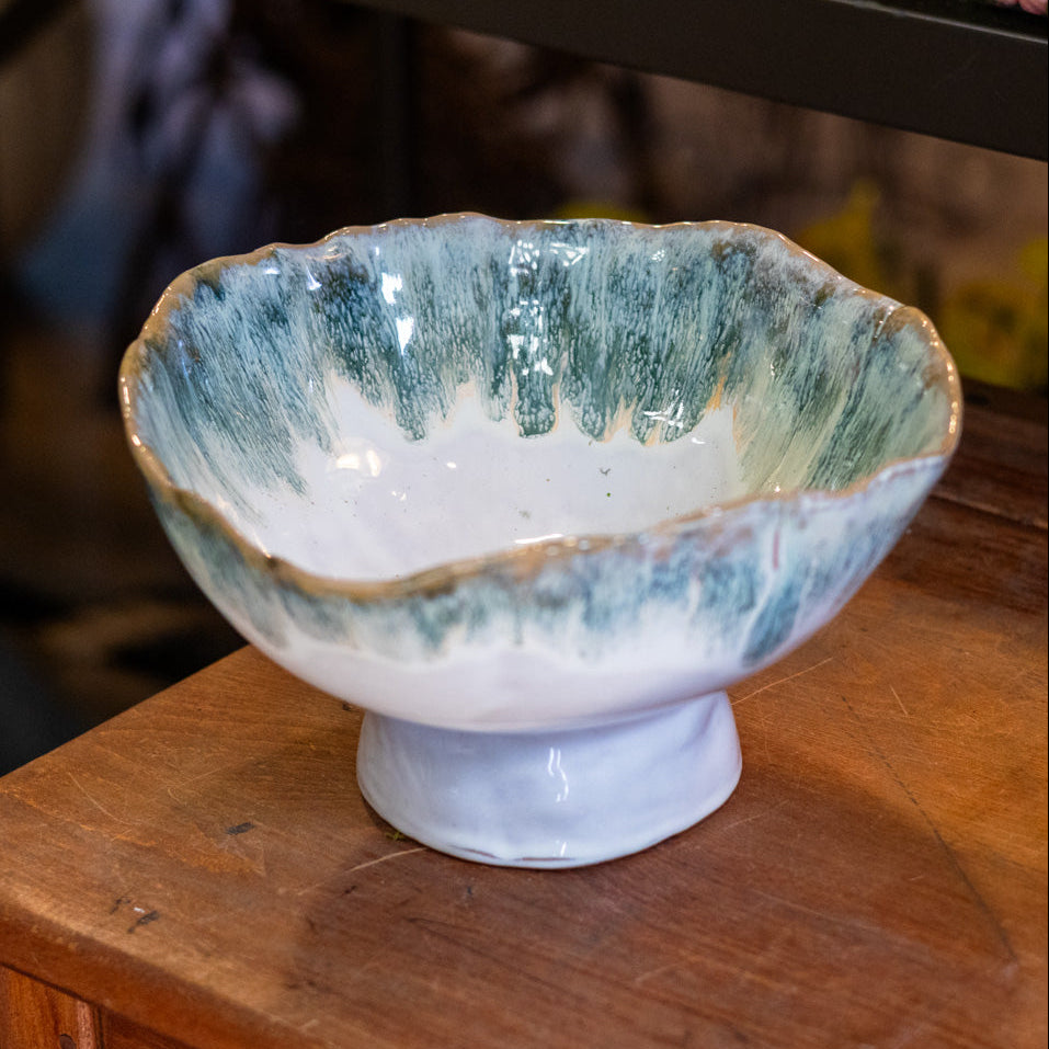 Stoneware Footed Green White Bowl Reactive Glaze