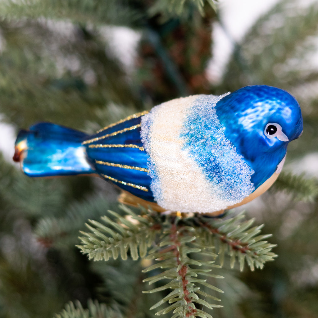 Glass Royal Blue Gold Bird with Clip Ornament