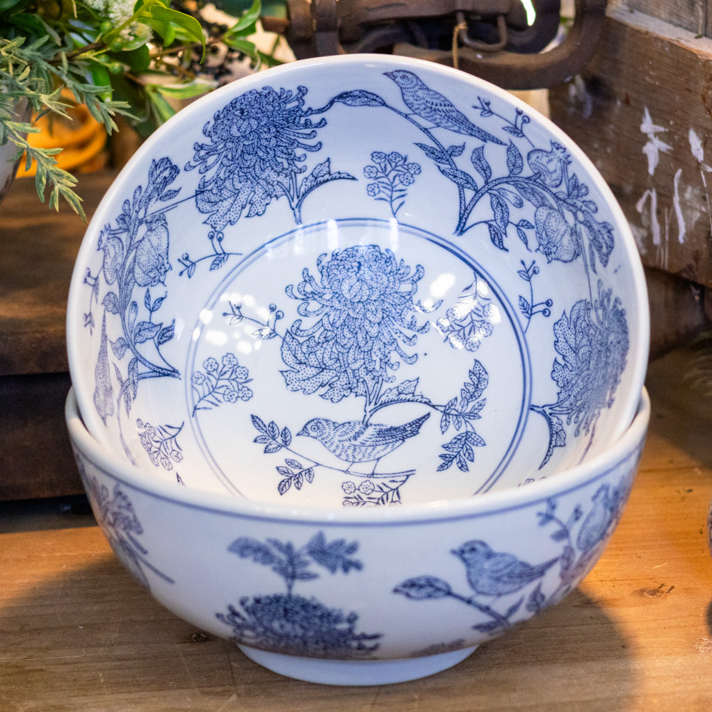 Stoneware Hand-Stamped Birds and Botanicals Bowl