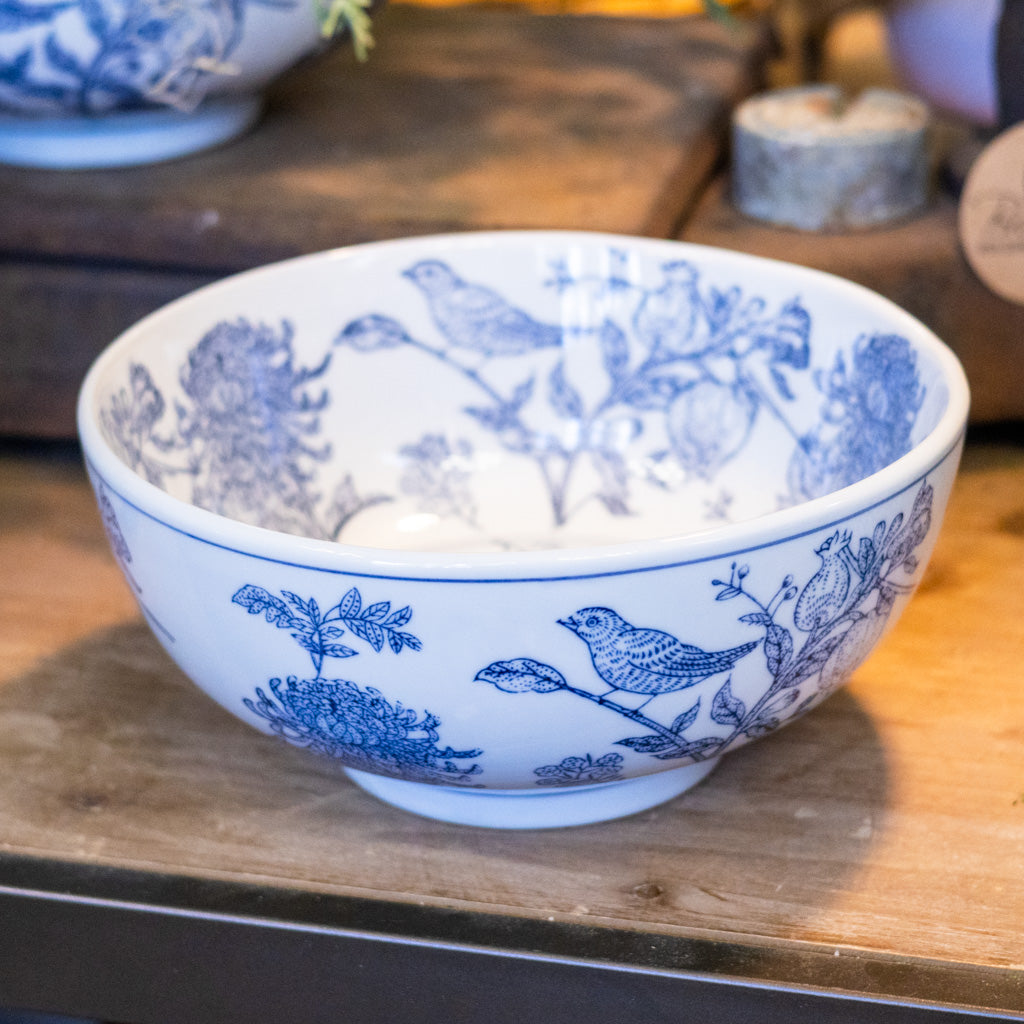 Stoneware Hand-Stamped Birds and Botanicals Bowl