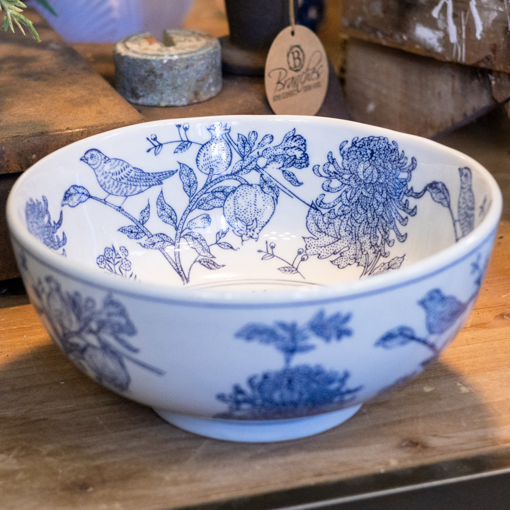 Stoneware Hand-Stamped Birds and Botanicals Bowl