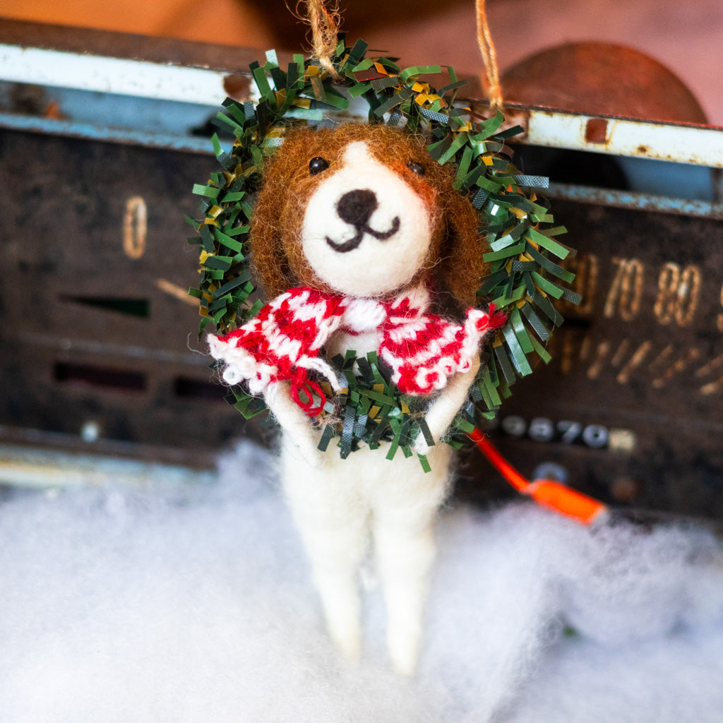 Felt Dog in Wreath Ornament