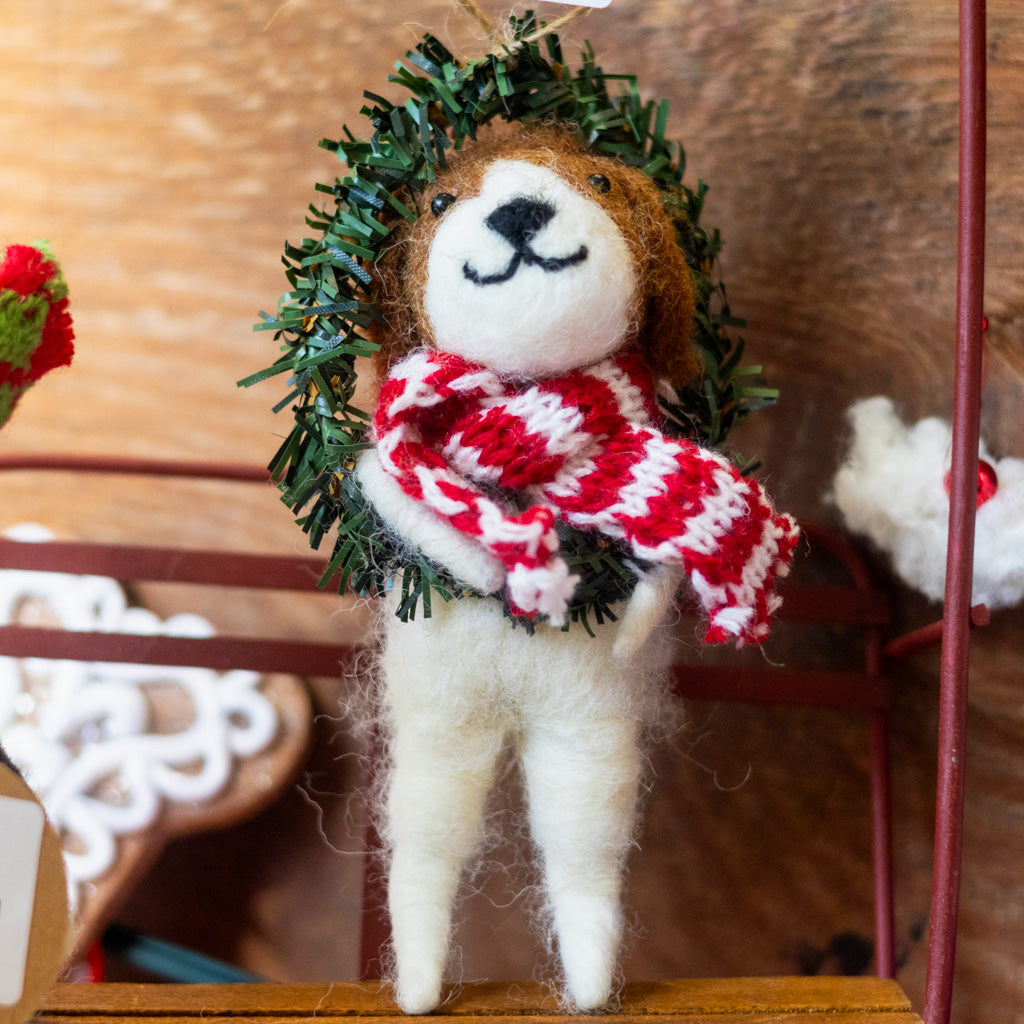 Felt Dog in Wreath Ornament