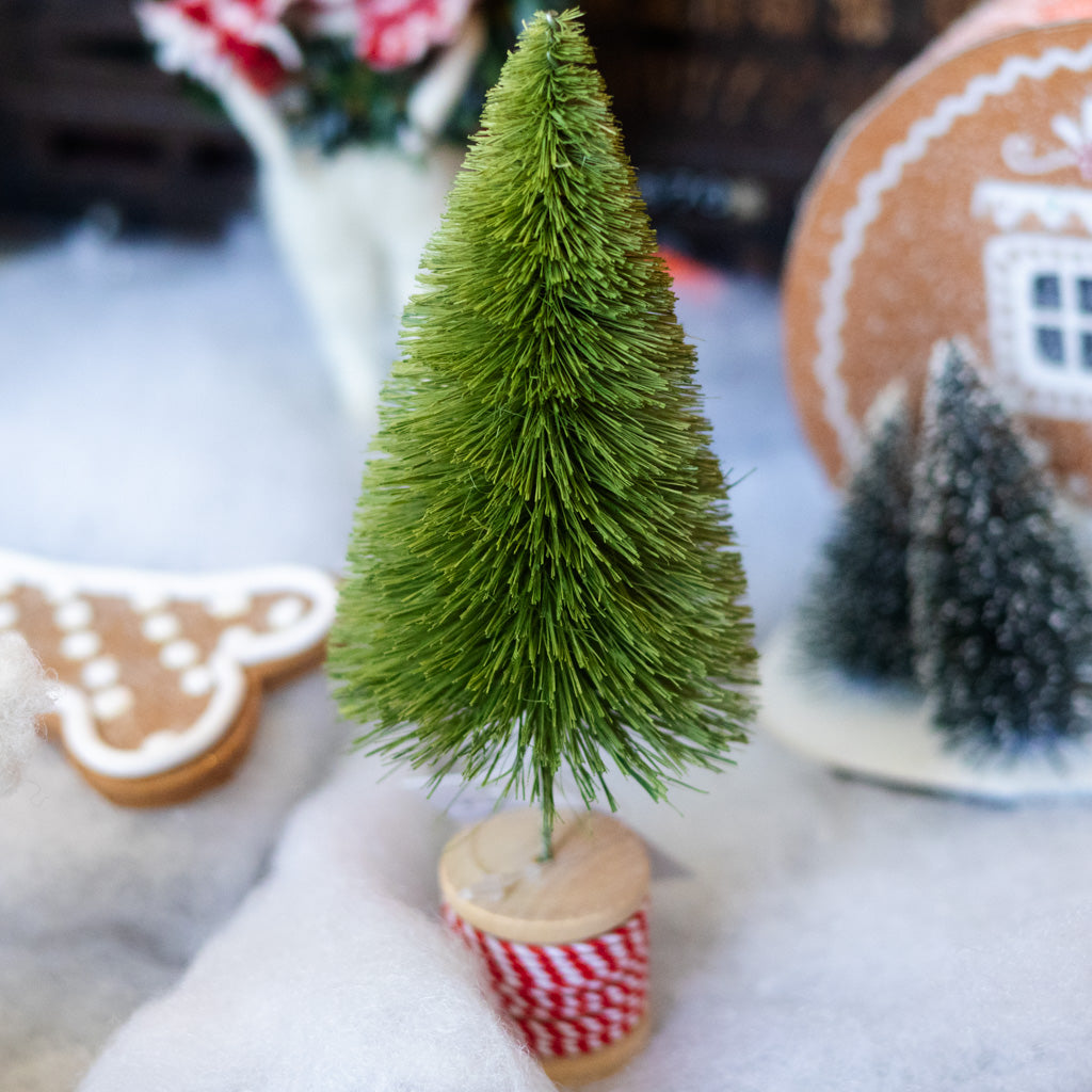 Light Green Sisal Bottle Brush Tree on Red and White Spool