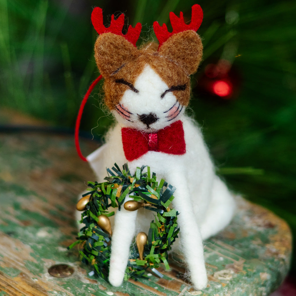Felt White Cat with Red Antlers, Bowtie and Green Wreath