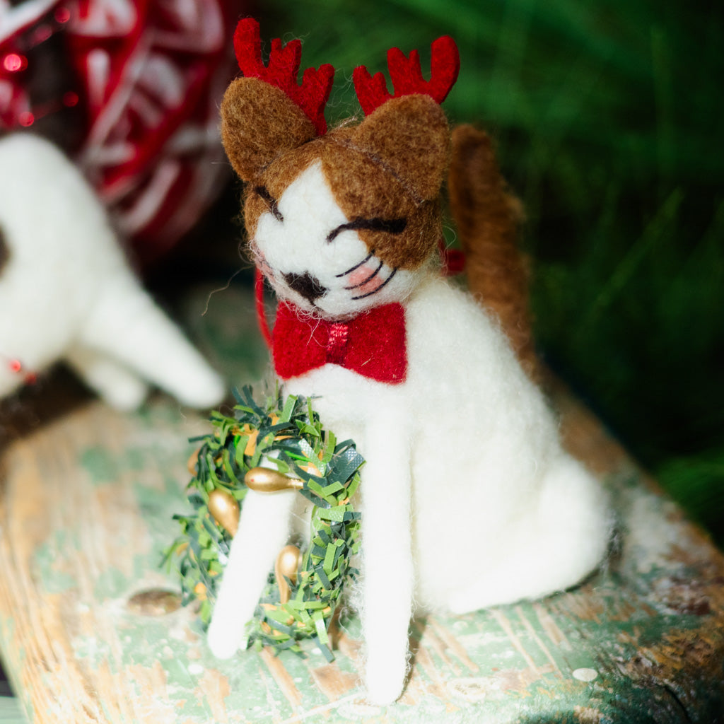 Felt White Cat with Red Antlers, Bowtie and Green Wreath