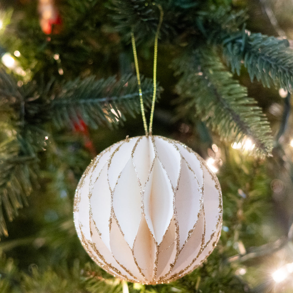 Box of Four White with Gold Glitter Round Ornaments