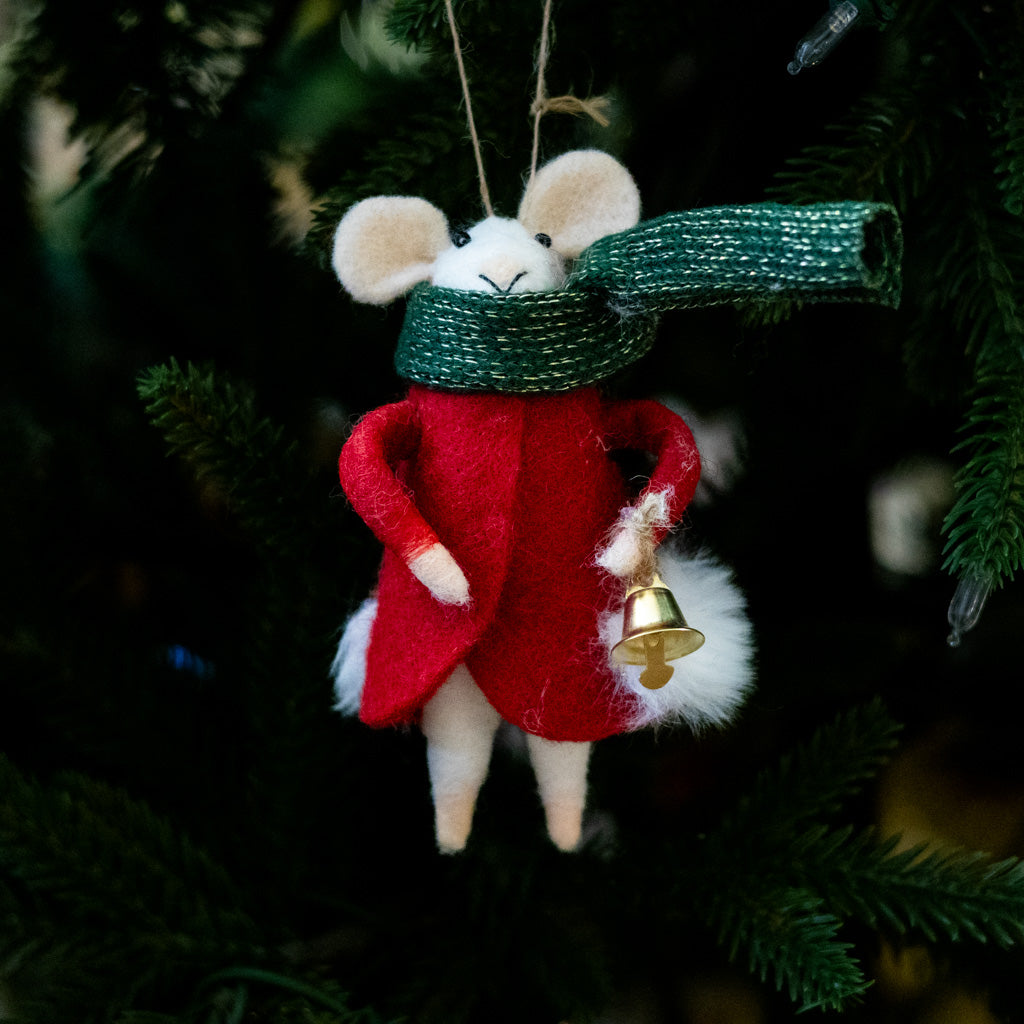 Felt Mouse in Red Outfit with Green Scarf and Bell Ornament
