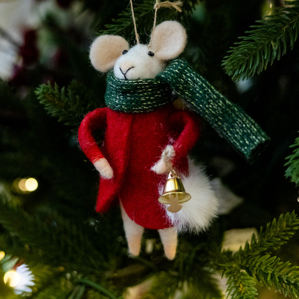 Felt Mouse in Red Outfit with Green Scarf and Bell Ornament