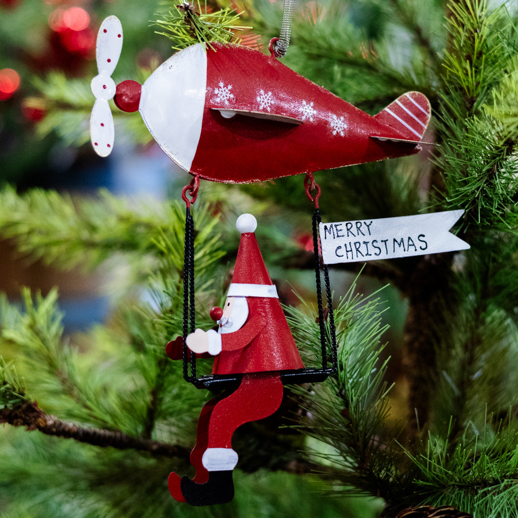 Metal Santa on Flying Machine with Spring Hangers