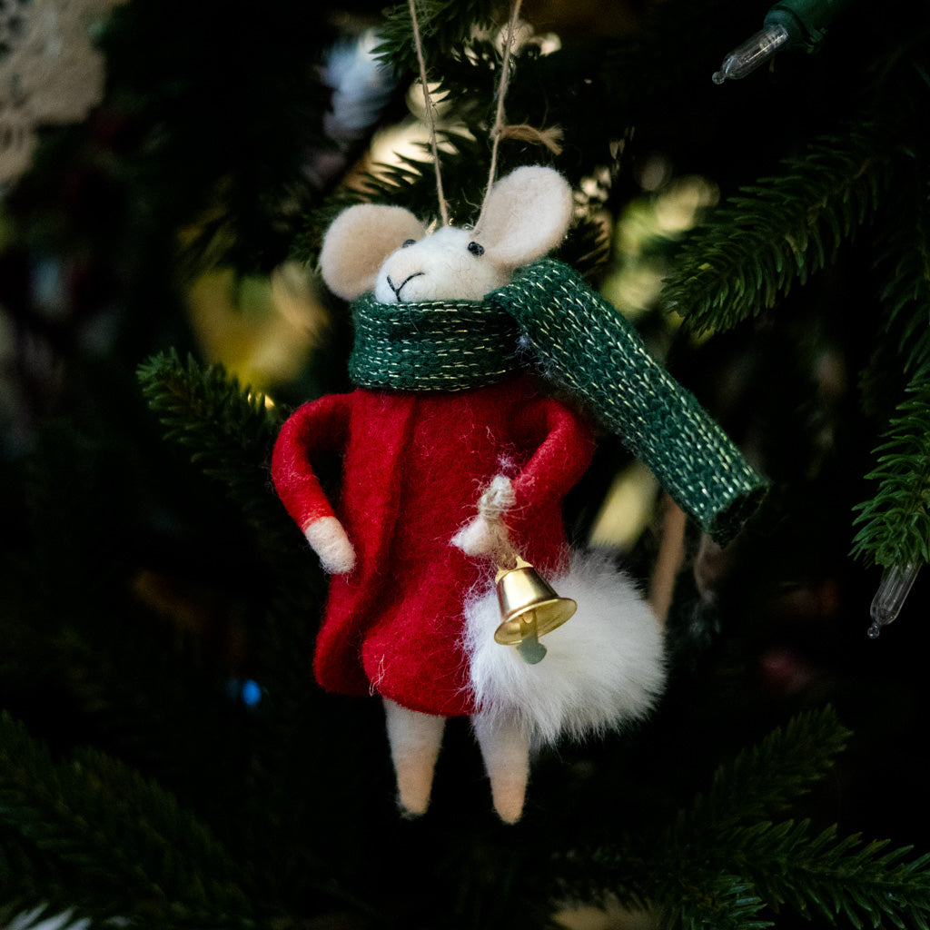 Felt Mouse in Red Outfit with Green Scarf and Bell Ornament