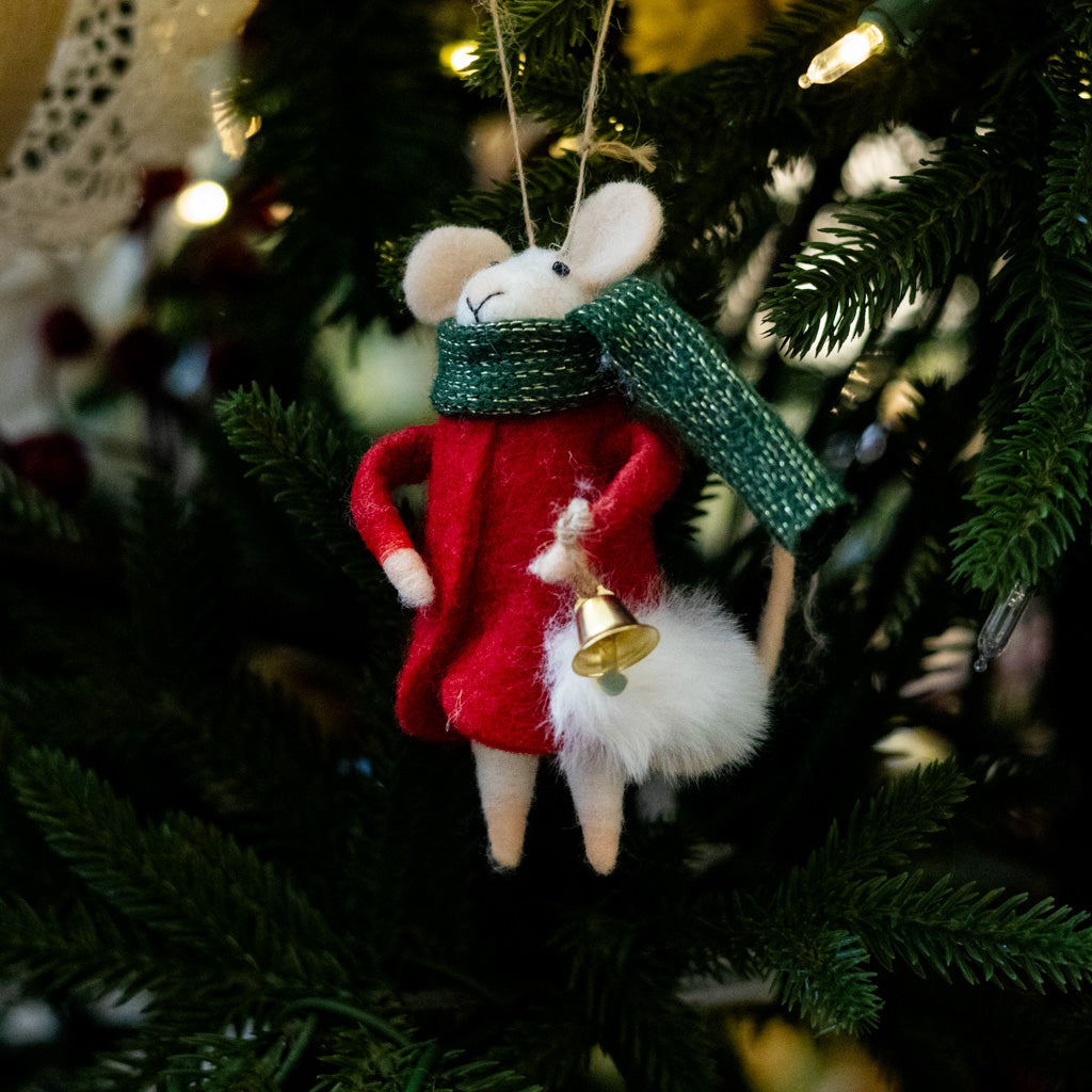 Felt Mouse in Red Outfit with Green Scarf and Bell Ornament