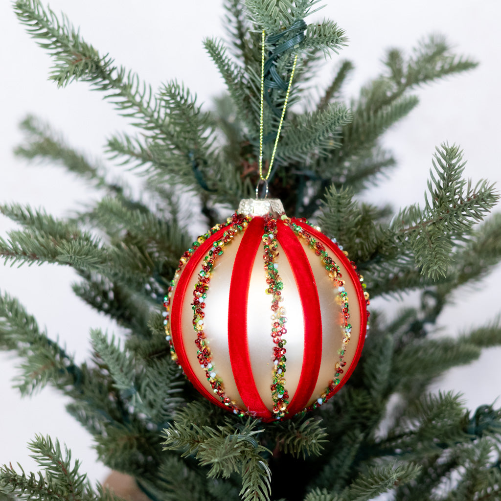 Velvet and Sequin Stripe Ball Gold Red Ornament