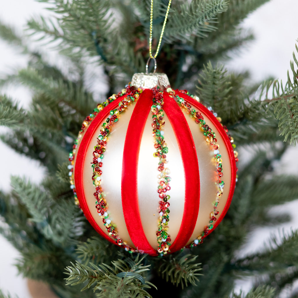 Velvet and Sequin Stripe Ball Gold Red Ornament