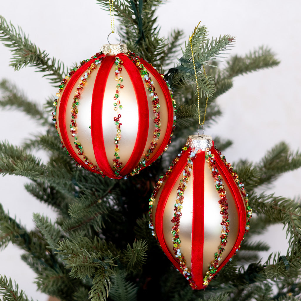 Velvet and Sequin Stripe Ball Gold Red Ornament