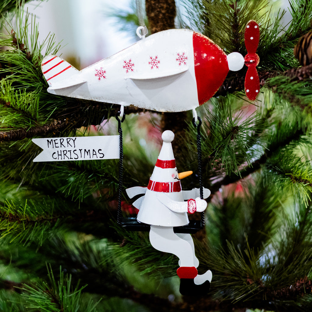 Metal Snowman on Flying Machine with Spring Hangers