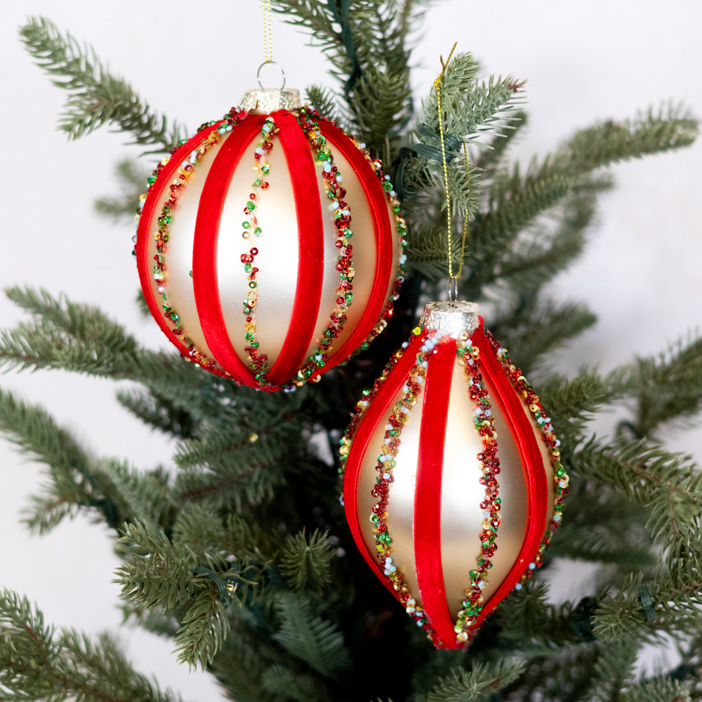 Velvet and Sequin Stripe Teardrop Gold Red Ornament