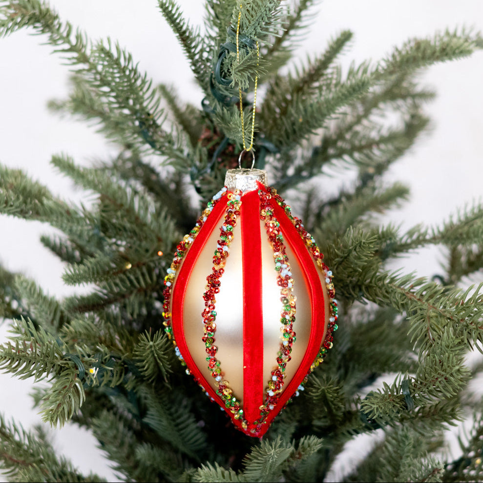 Velvet and Sequin Stripe Teardrop Gold Red Ornament
