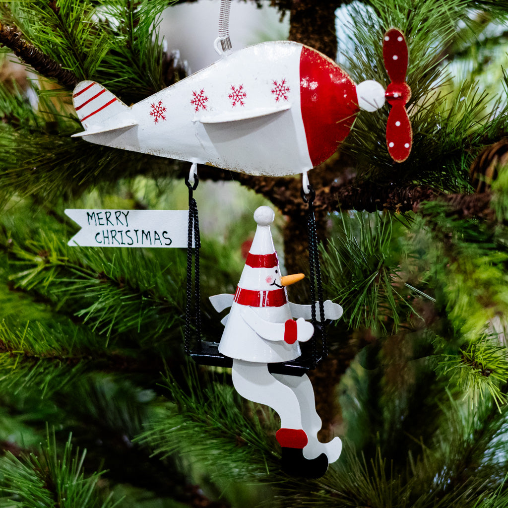 Metal Snowman on Flying Machine with Spring Hangers