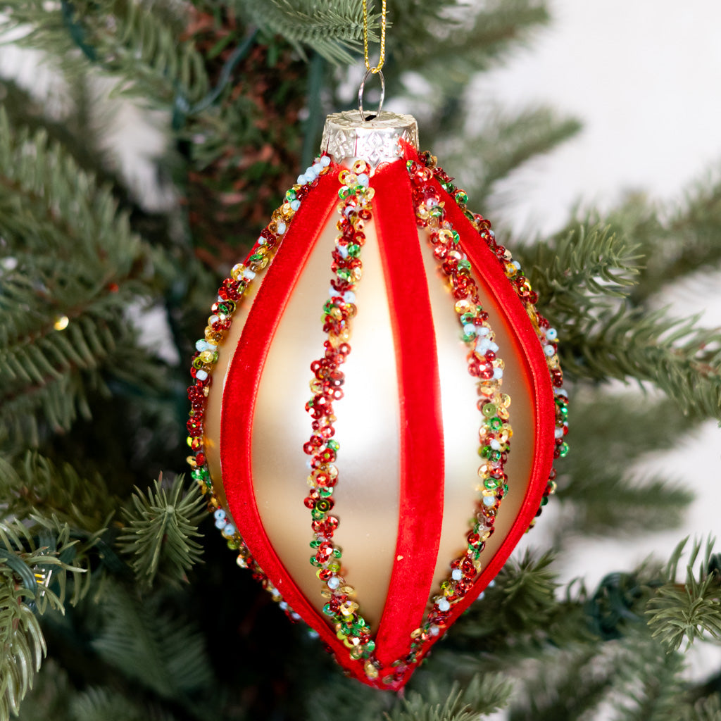Velvet and Sequin Stripe Teardrop Gold Red Ornament
