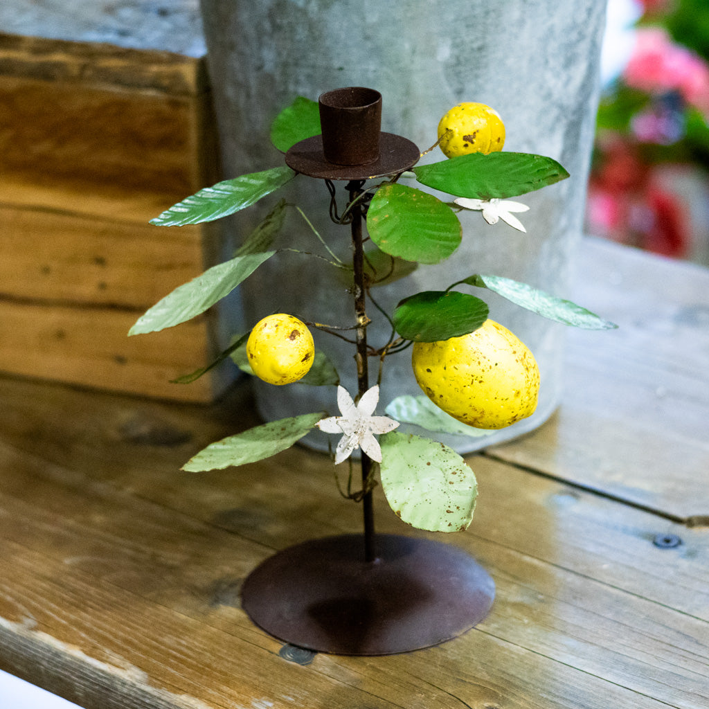 Short Metal Taper Holder with Lemons and Leaves