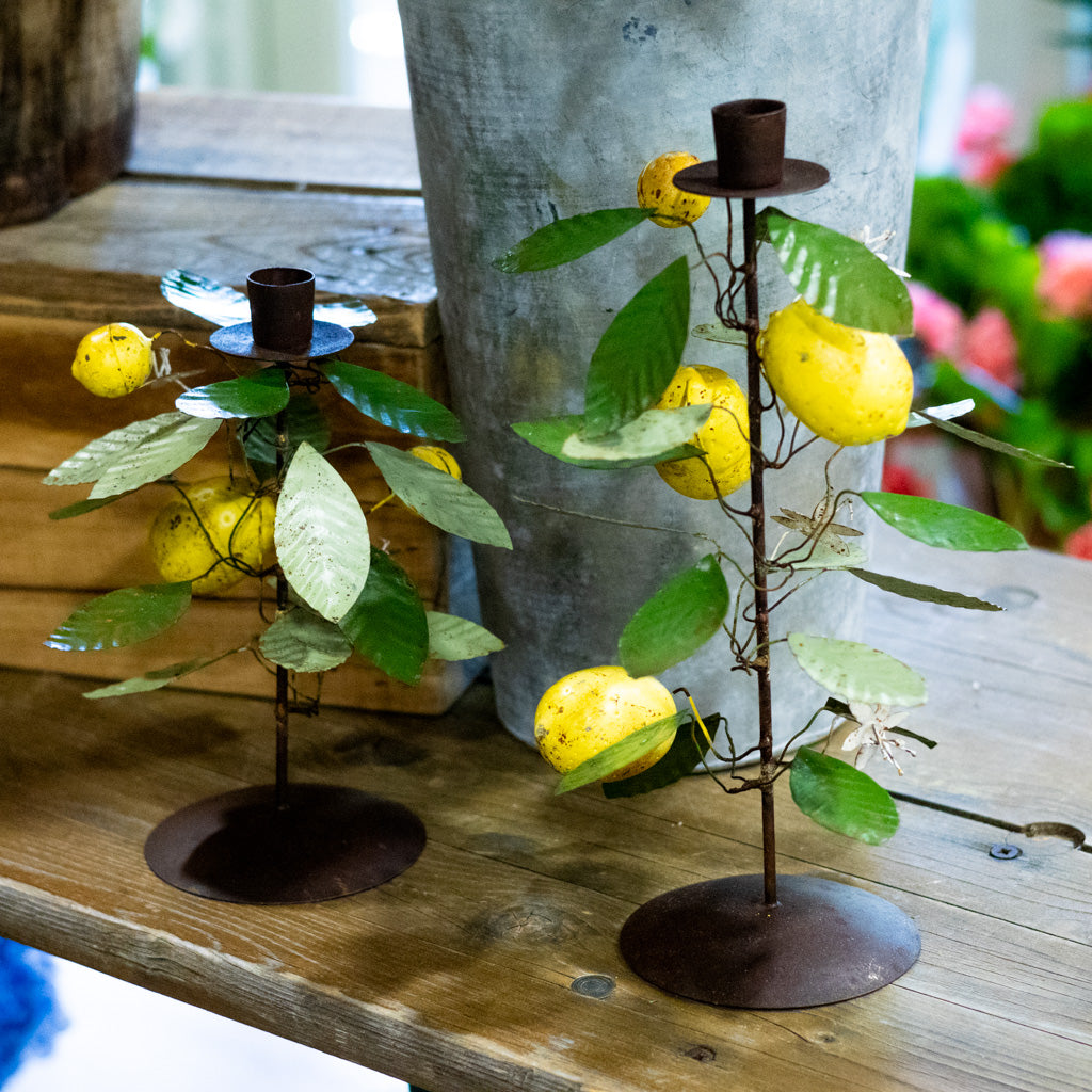Tall Metal Taper Holder with Lemon and Leaves