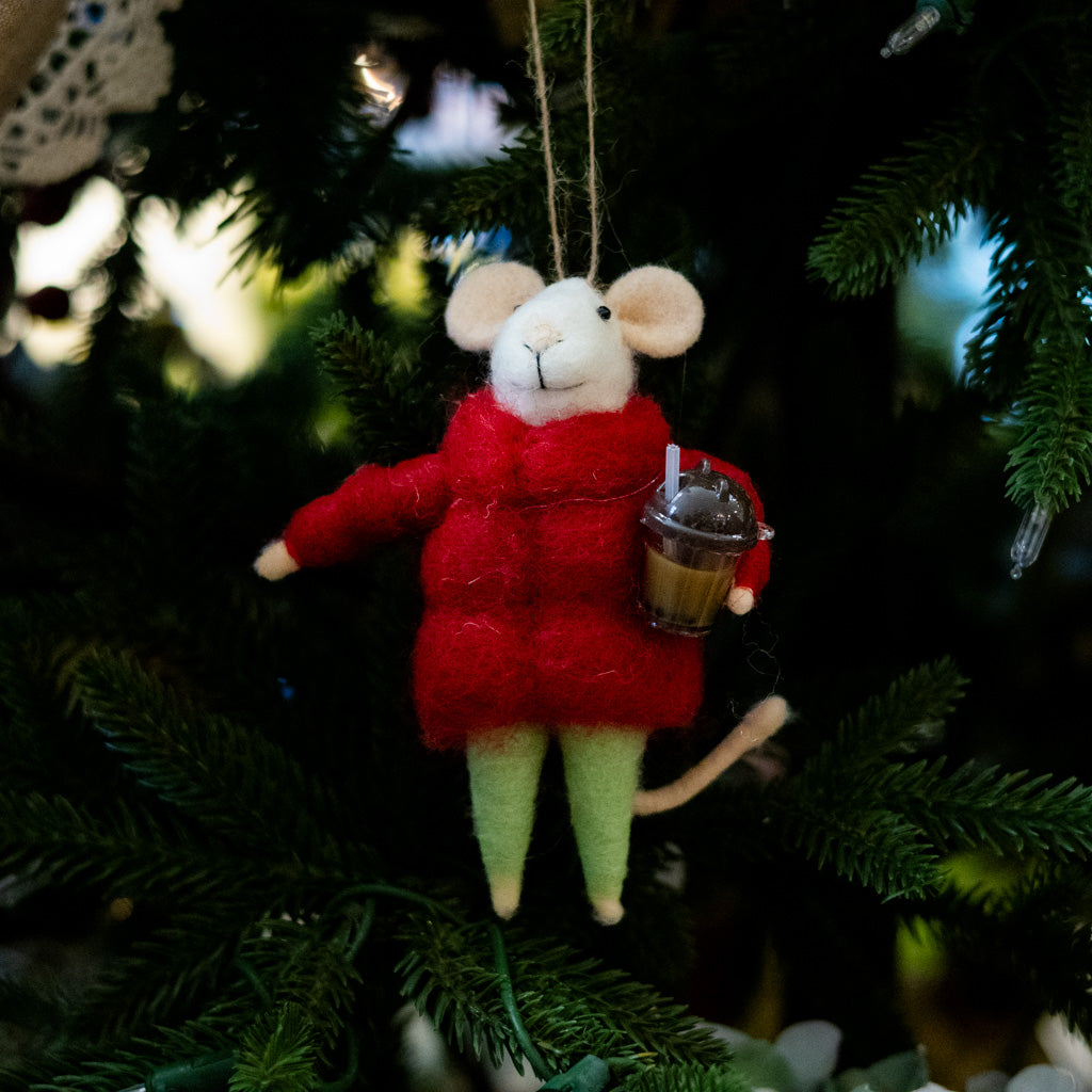 Felt Mouse with Iced Coffee Mug Ornament