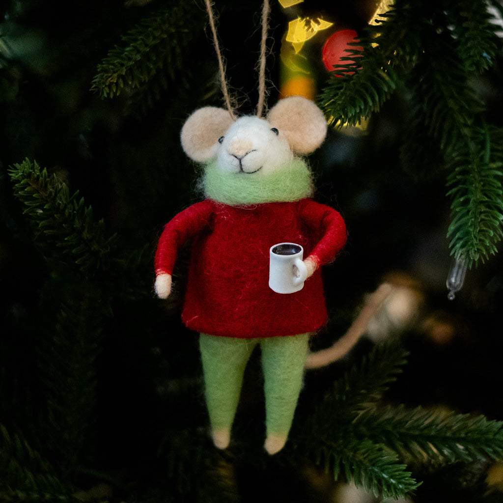 Felt Mouse with White Coffee Mug Ornament