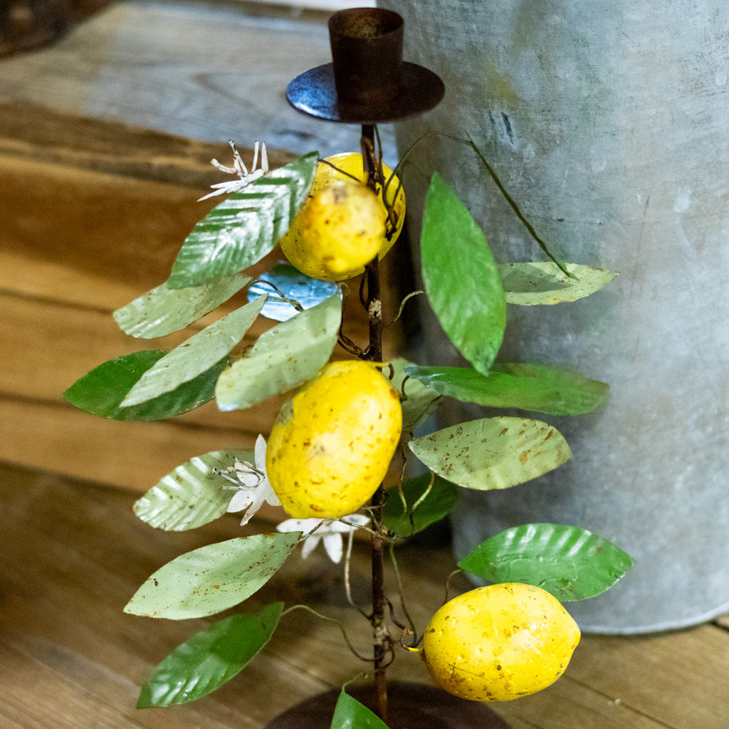 Tall Metal Taper Holder with Lemon and Leaves