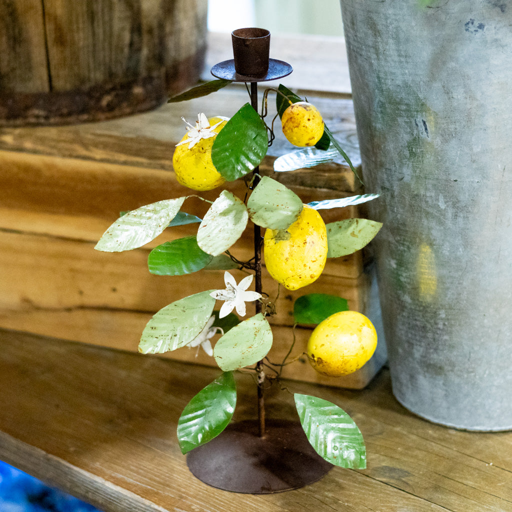 Tall Metal Taper Holder with Lemon and Leaves