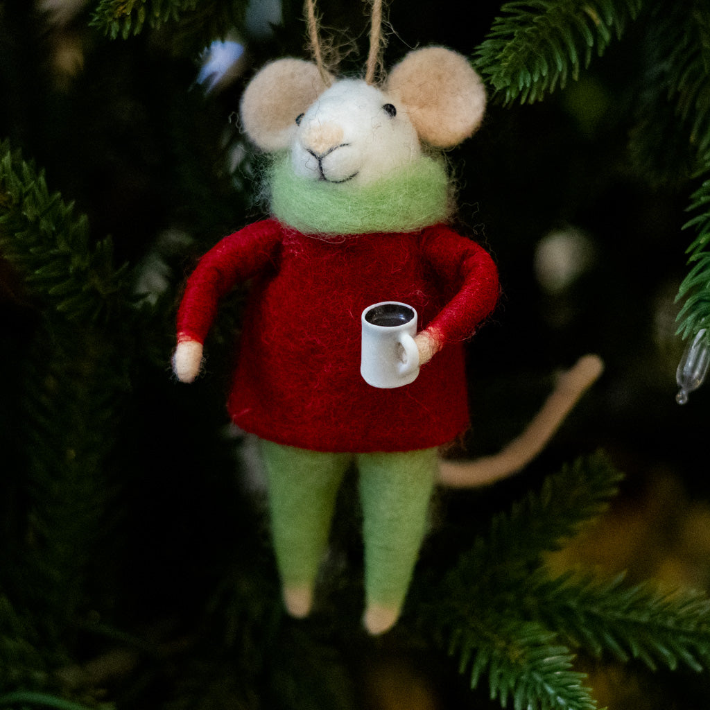 Felt Mouse with White Coffee Mug Ornament