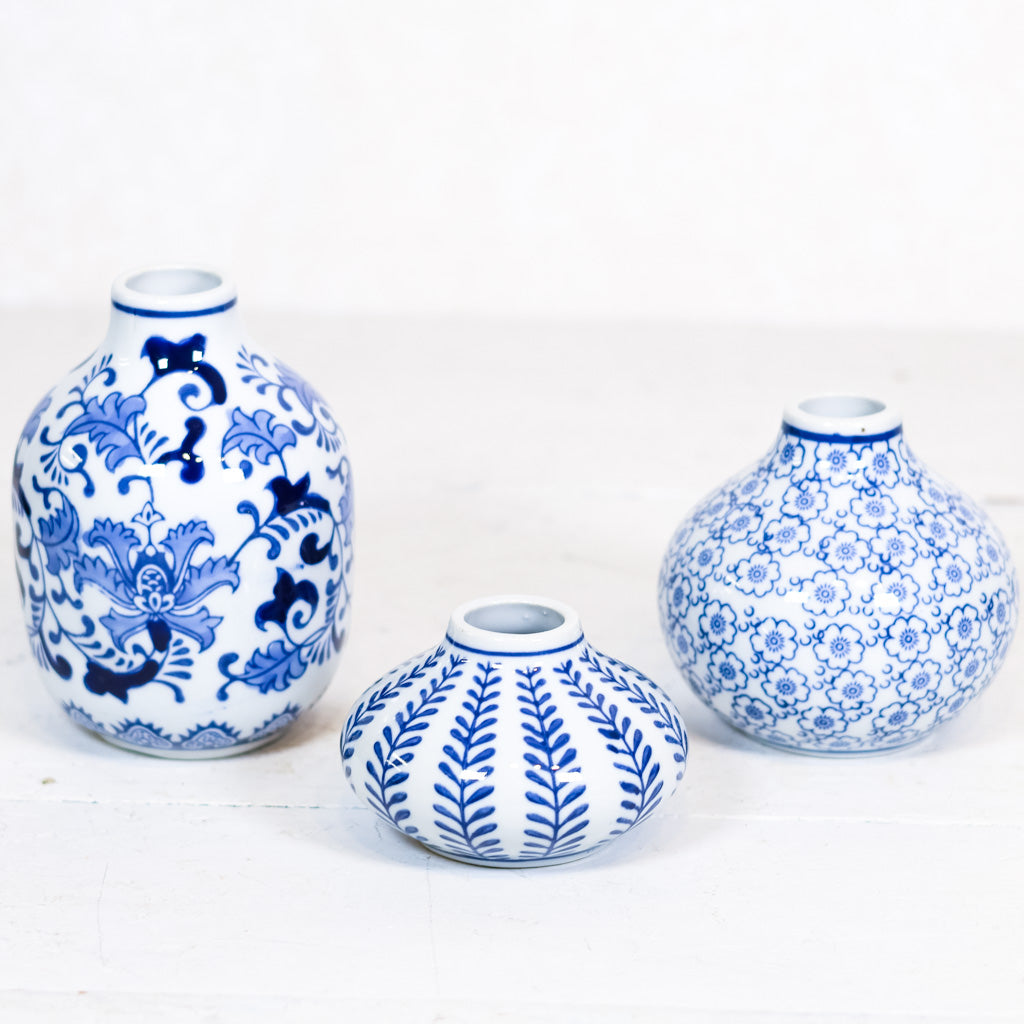 Hand-Stamped Stoneware Vase Blue and White Vine