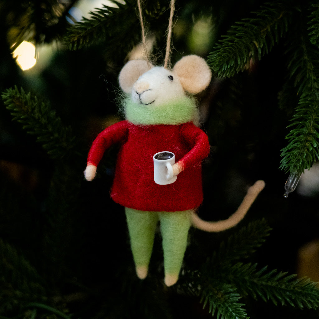 Felt Mouse with White Coffee Mug Ornament