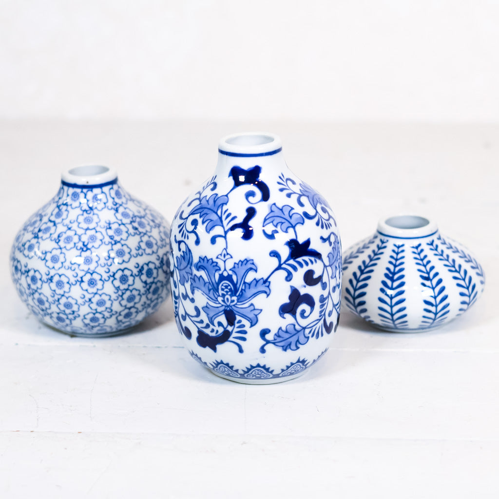 Hand-Stamped Stoneware Vase Blue and White Leaves