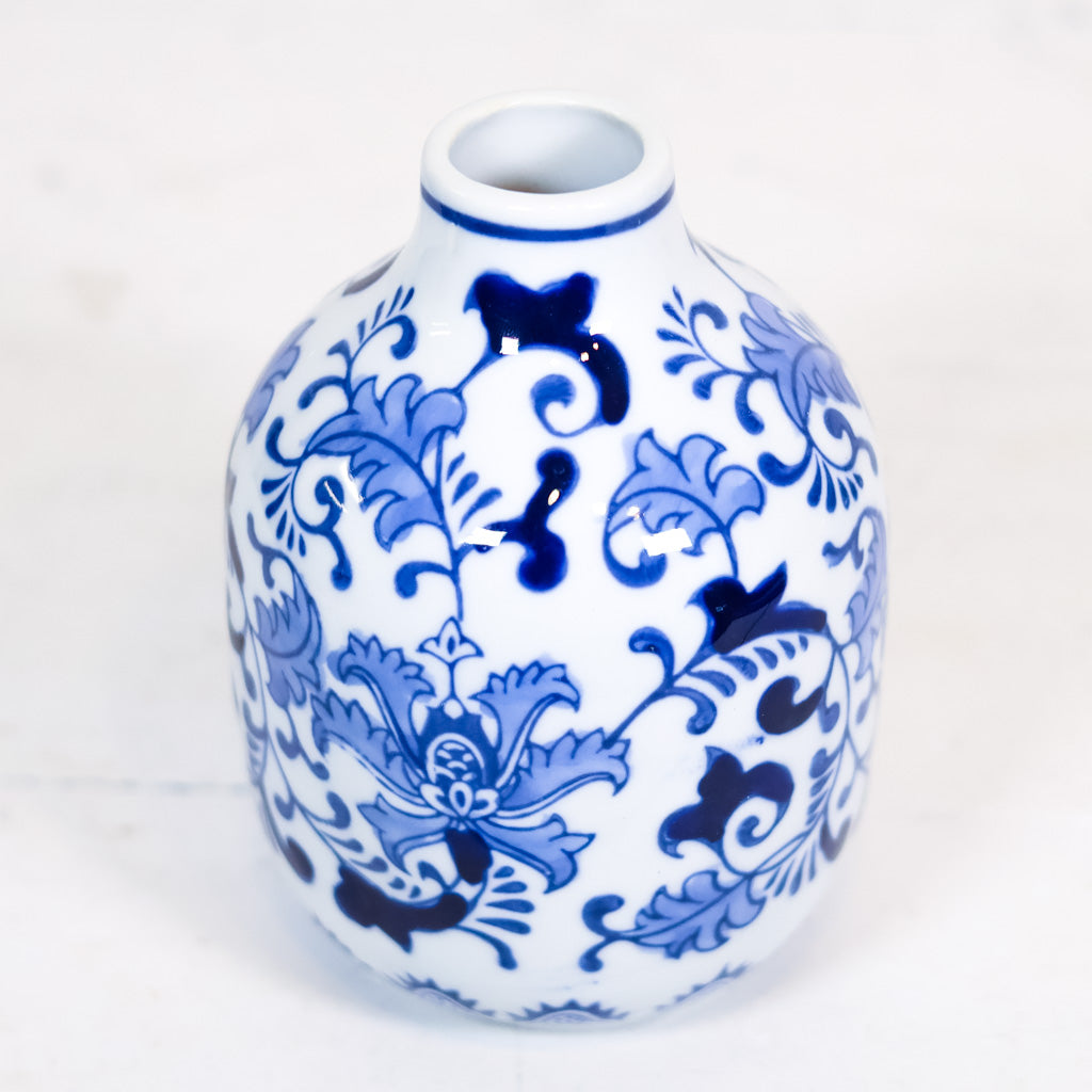 Hand-Stamped Stoneware Vase Blue and White Leaves