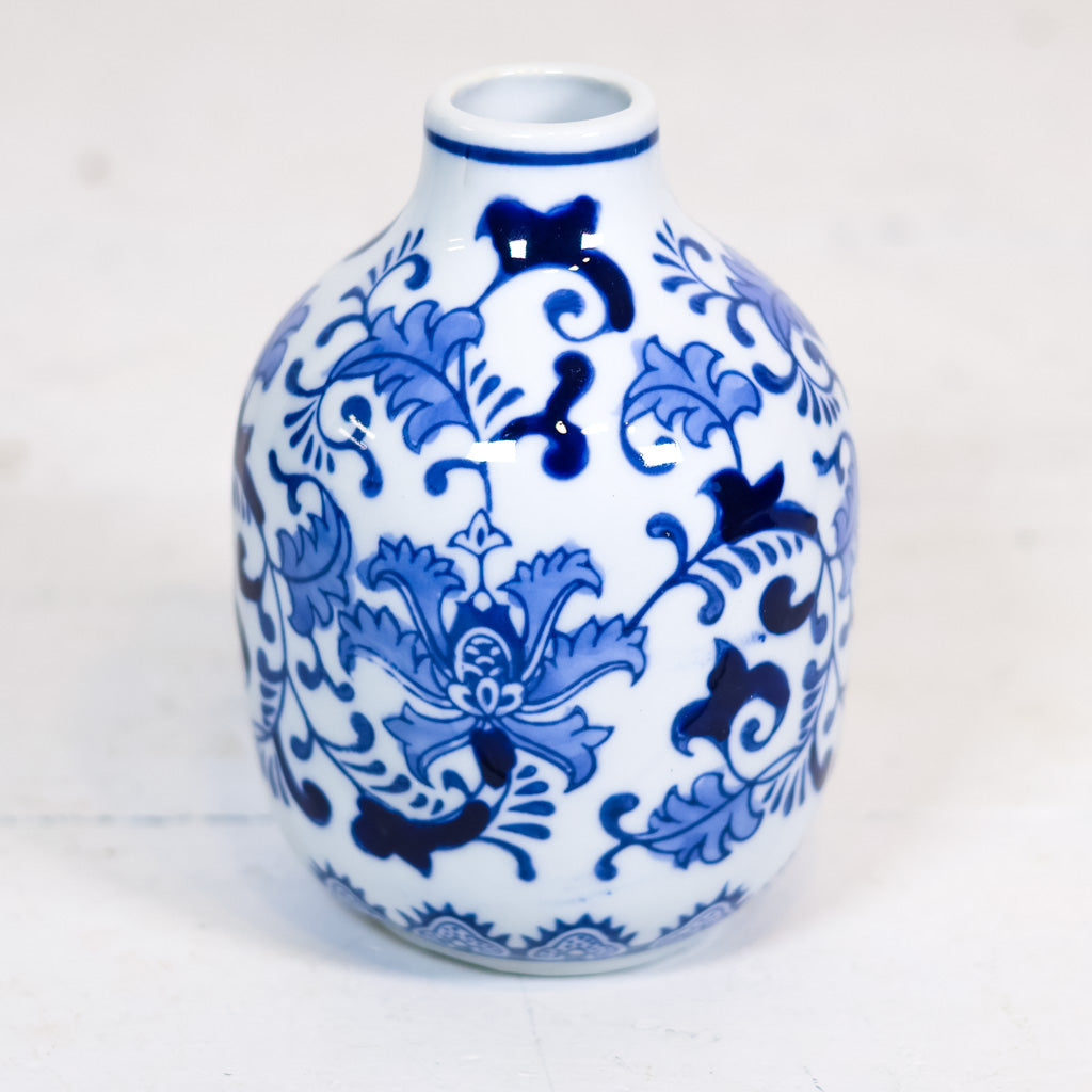 Hand-Stamped Stoneware Vase Blue and White Leaves