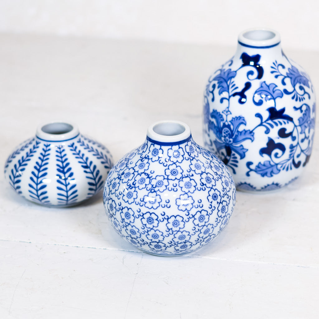Hand-Stamped Stoneware Vase Blue and White Flowers