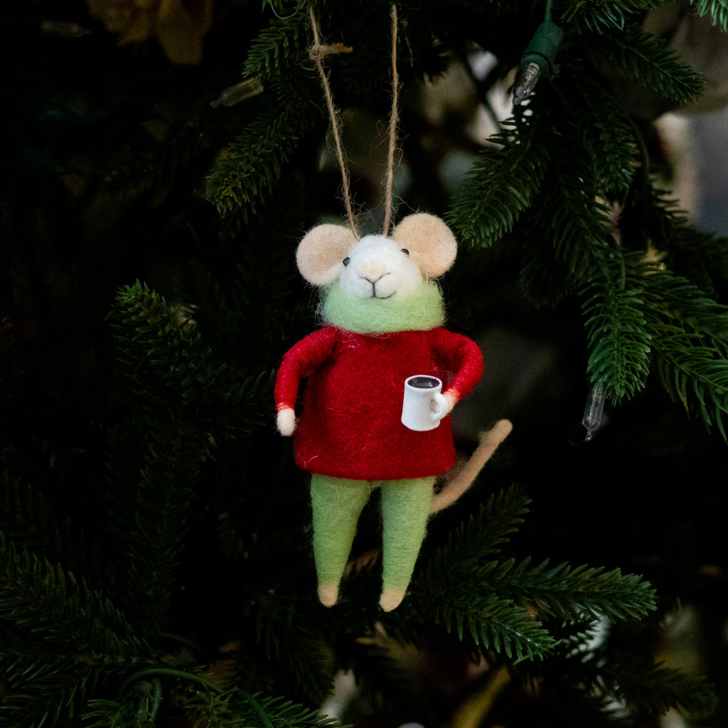 Felt Mouse with White Coffee Mug Ornament