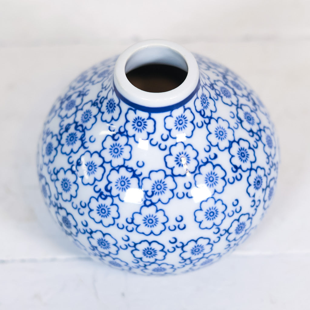 Hand-Stamped Stoneware Vase Blue and White Flowers