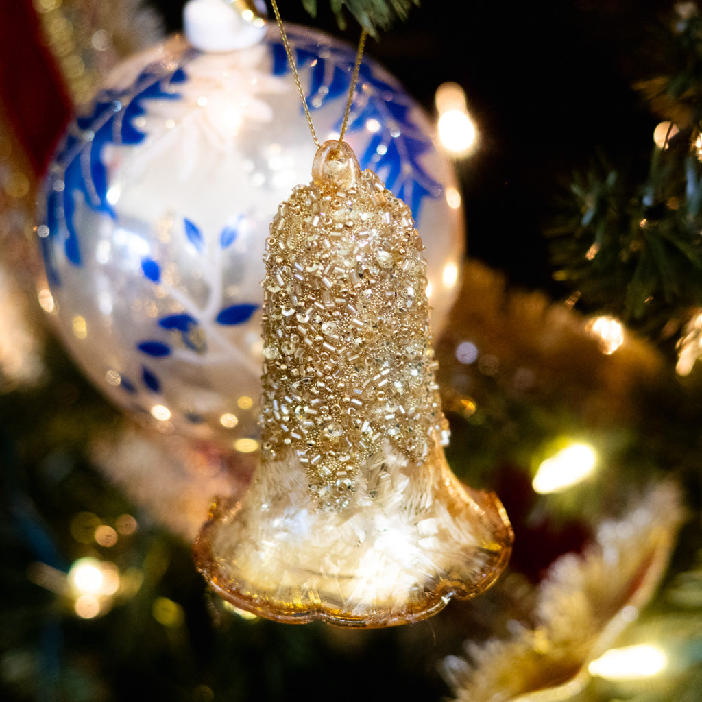 Glass Bell Ornament Gold Sparkle Caramel Rim
