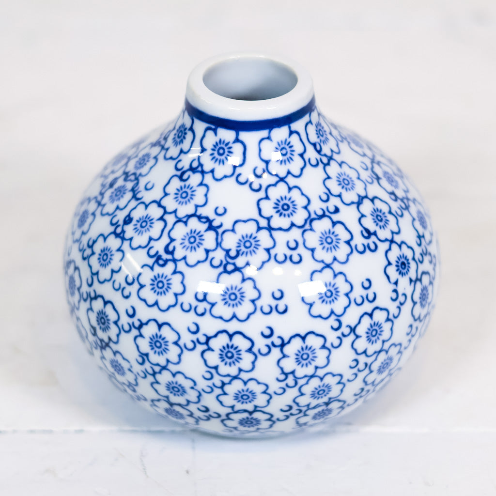Hand-Stamped Stoneware Vase Blue and White Flowers