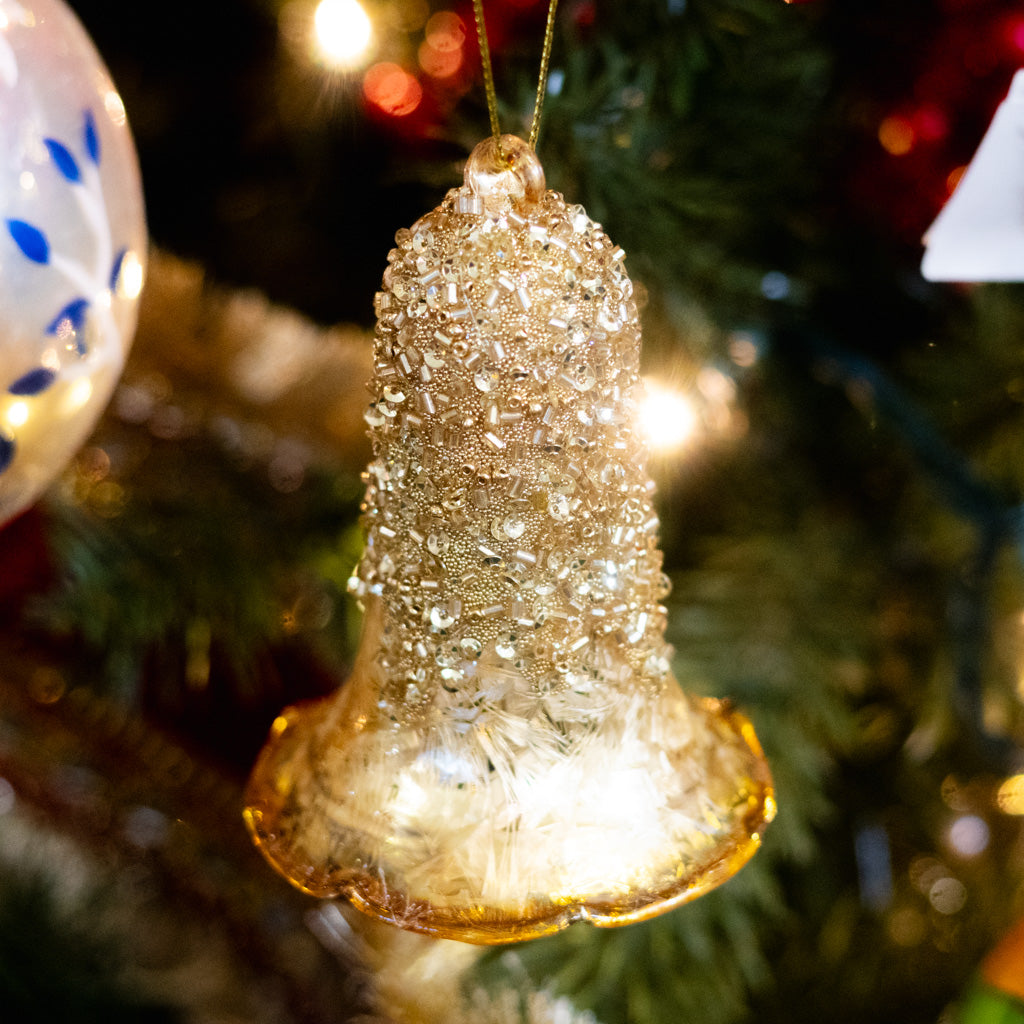 Glass Bell Ornament Gold Sparkle Caramel Rim