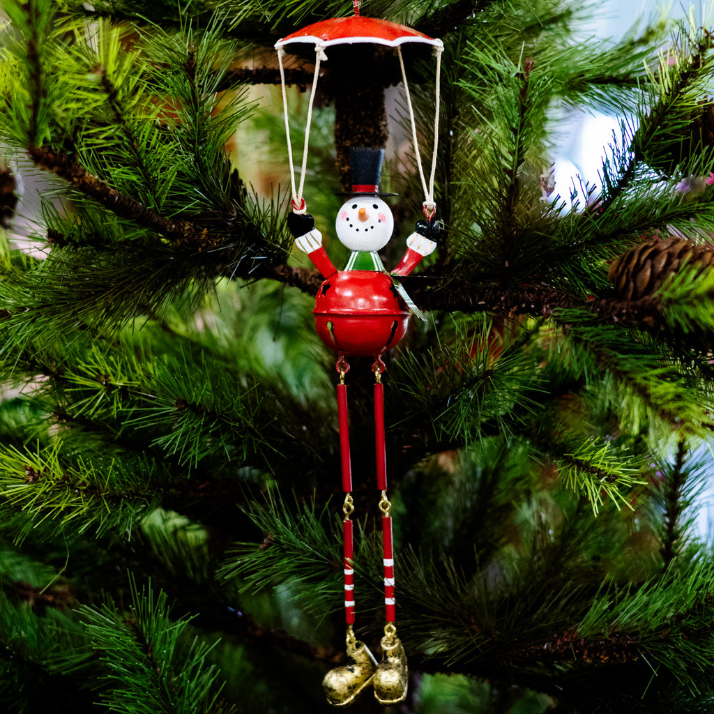 Metal Parachuting Snowman with Dangling Legs