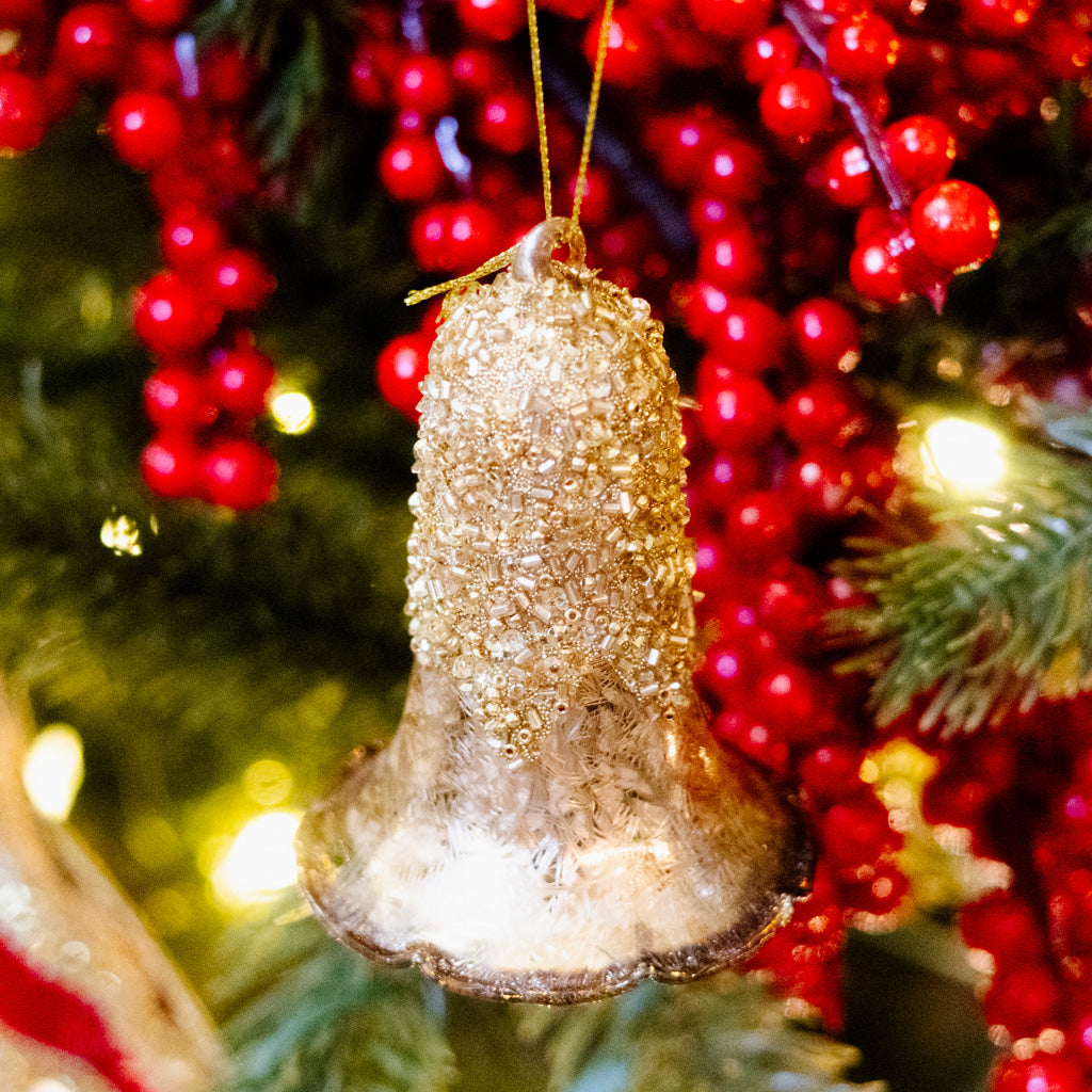 Glass Bell Ornament Gold Sparkle Brown Rim