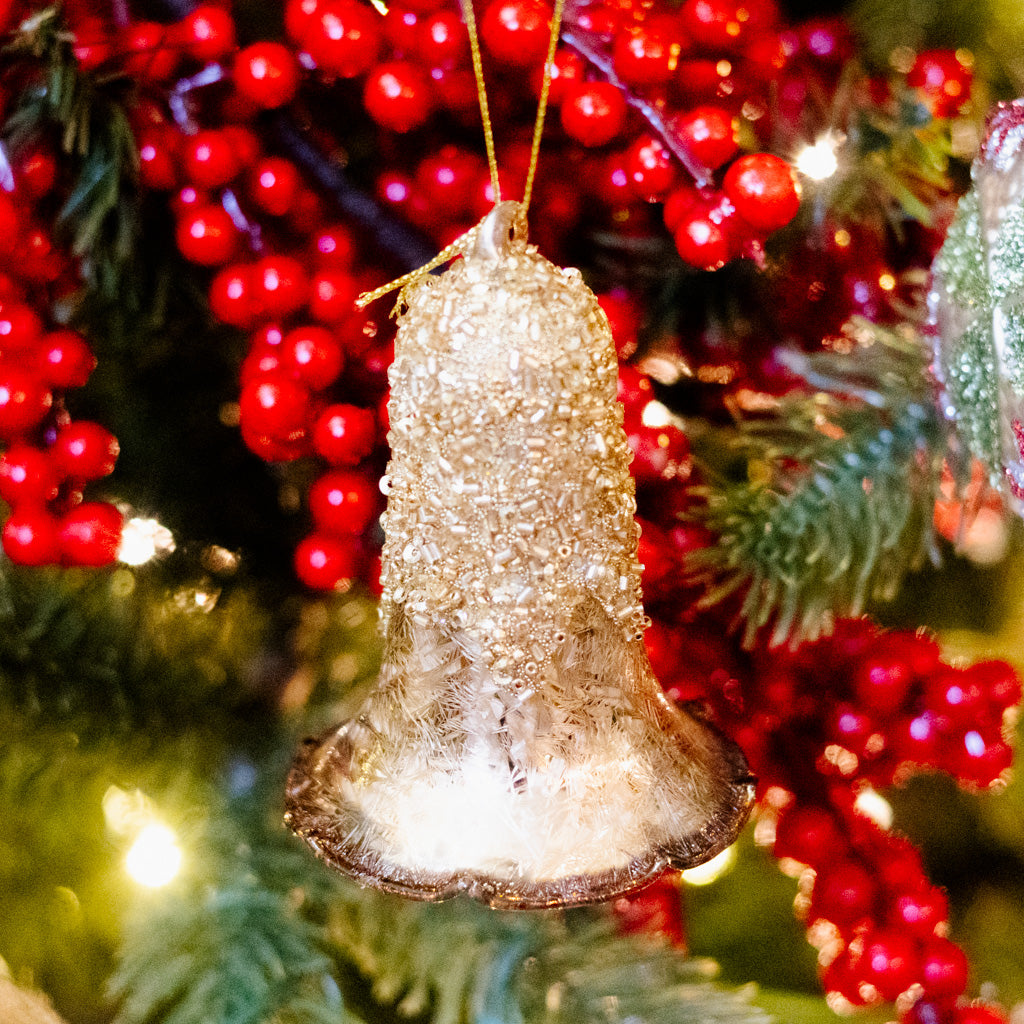 Glass Bell Ornament Gold Sparkle Brown Rim