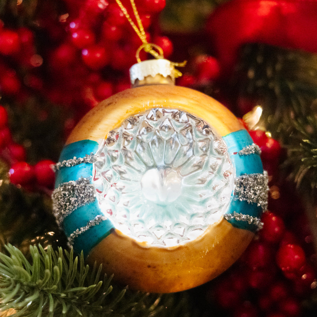 Glass Reflector Gold Turquoise Ornament