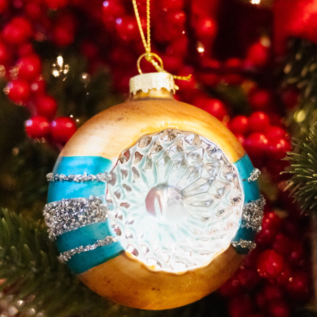 Glass Reflector Gold Turquoise Ornament